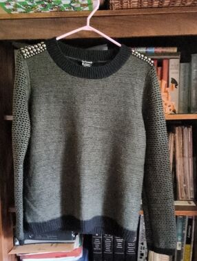 Swoon Boutique Olive Green Crewneck Sweater with Studded Shoulders